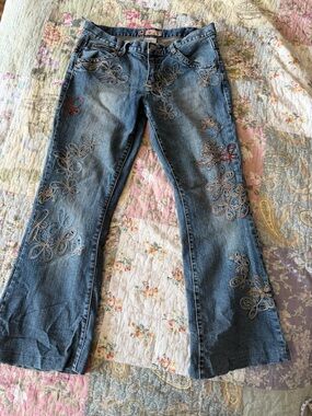 Jou Jou Blue Embroidered Flare Jeans with Floral Appliqué